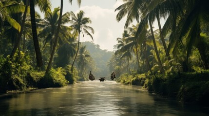 Obraz premium Palm Tropical jungle, Green Trees, river background. Summer, Travel, Nature concepts.