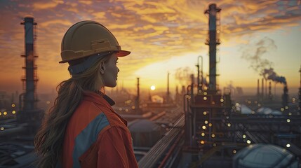 Sunrise Shift Strategy: A female maintenance engineer reviews the day's tasks, her hard hat a symbol of leadership in the predawn light of the industrial site. - obrazy, fototapety, plakaty