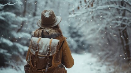 A woman wearing a hat and backpack in a snowy forest, hiking and winter travelling by foot, adventure concept. - obrazy, fototapety, plakaty