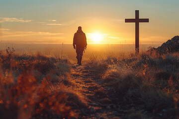 Pilgrim Walking Towards Sunrise by Cross on Hill