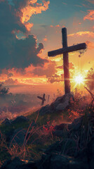 Rustic Cross Silhouette Against Fiery Sunset Sky