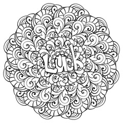 Mandala with word luck and clover, tangled St. Patrick's Day coloring page for activity and design