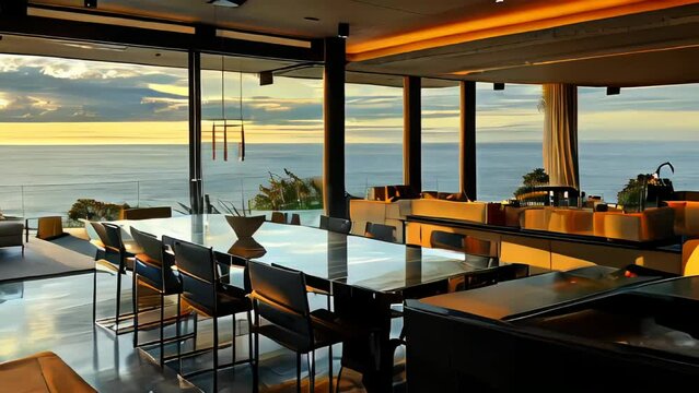 a modern luxury dining room with sea view.