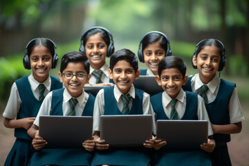A group of smiling Indian school students holding laptop computers in hand