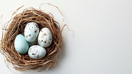 Easter holiday banner greeting card with pastel painted eggs in bird nest on white backround