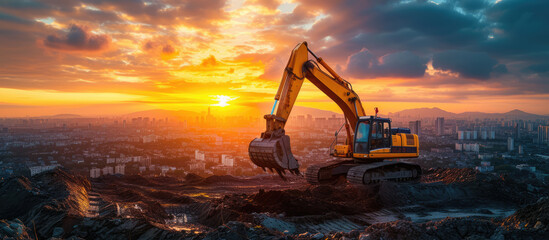Excavator silhouetted against a dramatic sunset skyline in an urban construction scene.