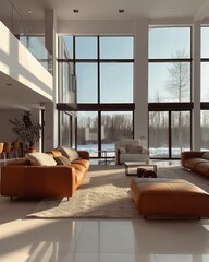 Interior of spacious minimalist living room in modern luxury residential house. Leather cushioned furniture, coffee table, carpet on the floor, indoor plant, panoramic glazing with forest view.