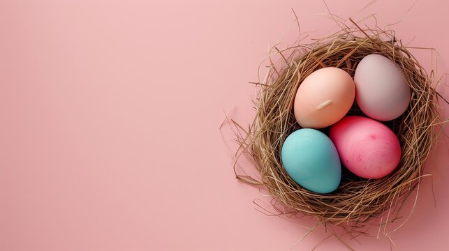 Easter holiday banner greeting card with pastel painted eggs in bird nest on paper pink backround