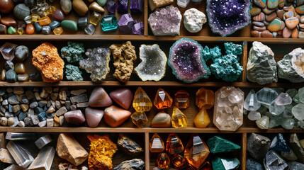 Top view of a large geological collection of semi-precious stones, stones and minerals. Dark background. Generative AI - obrazy, fototapety, plakaty
