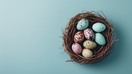 Obraz premium Easter holiday banner greeting card with pastel painted eggs in bird nest on bright blue backround