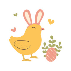 Cute hand drawn Easter Chick with bunny ears and egg olated on white background. Simple illustration of little baby chicken. Yellow bird in doodle style for greeting card. Children s minimalist art