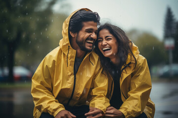 Romantic Indian ethnic couple having fun on a rainy day - obrazy, fototapety, plakaty