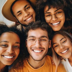 group of happy diverse people looking into the camera frame. Inclusive society, youth of different cultures, young men and women in nature. - 749338663