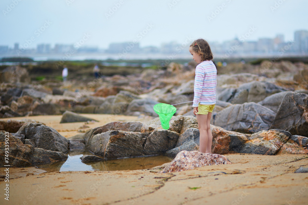 Sticker adorable preschooler girl playing with scoop net on the beach at atlantic coast of brittany, france