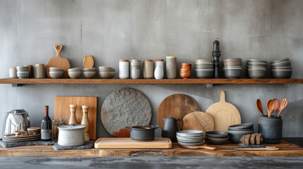 A tastefully arranged selection of handcrafted ceramic pottery exudes rustic charm atop natural wooden shelves