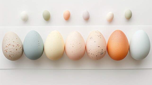 Happy Easter holiday background with colorful pastel eggs on white paper, top view
