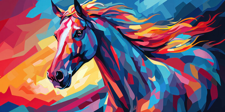 Wild Beauty: A Colourful Pop Art Illustration of a Headstrong Stallion Galloping through a Rainbow Field