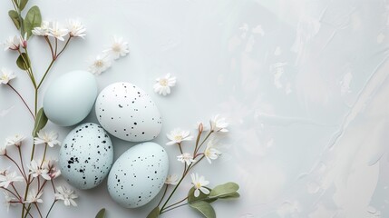 Easter colored eggs with spring flowers on pastel blue background, copy space, top view