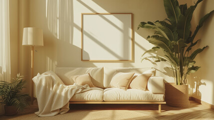 minimalist living room, where a Scandinavian-style sofa is elegantly paired with a tropical plant, photo frame mock-up, soft pillows, a cozy blanket, and a stylish lamp, serene interior design