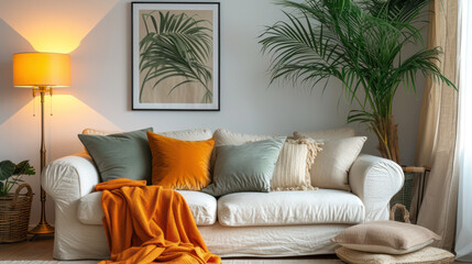 minimalist living room, where a Scandinavian-style sofa is elegantly paired with a tropical plant, photo frame mock-up, soft pillows, a cozy blanket, and a stylish lamp, serene interior design
