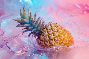 Photo of juicy fruit ananas in water, pink and blue background, holographic effect. Minimalism, copy space. 
