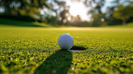 Golf player at the green field, on the ground and close up of golf ball from tee box. - obrazy, fototapety, plakaty