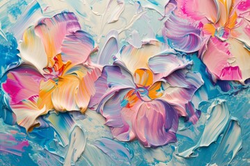 Close-up view of a textured, colorful multicolored putty art painting of the flowers, abstraction, minimalism, oil painting 