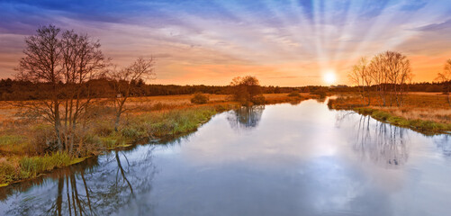 River, farm and sunset or nature landscape in summer environment in England countryside, travel or...