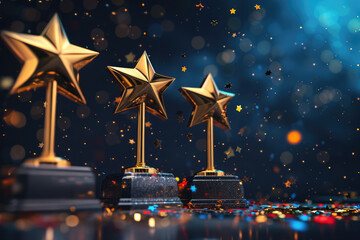 Three golden star trophies against a festive bokeh lights background.