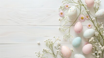 Easter pastel eggs with spring flowers on pastel wooden white background with copy space, top view