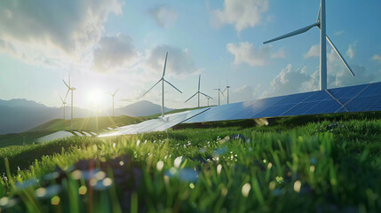 Solar panels with wind turbines with moutain and clear sky background, Green power,sustainable power concept.