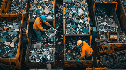 
Workers sorting and processing electronic waste at a recycling facility equipped with advanced separation and recycling technologies. - obrazy, fototapety, plakaty