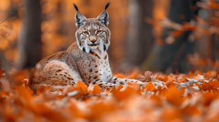 Eurasian Lynx wild cat sitting on the orange leaves, generative ai - obrazy, fototapety, plakaty