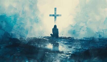 a person sitting in front of a cross - obrazy, fototapety, plakaty