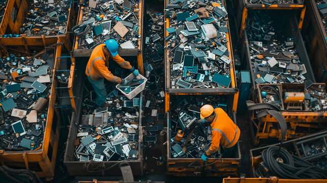 
Workers sorting and processing electronic waste at a recycling facility equipped with advanced separation and recycling technologies.
