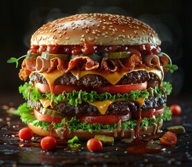 a large burger with multiple layers of meat and vegetables