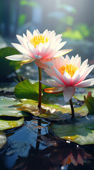 Pink white lotus water lily flower plants bloom beautifully and grow abundantly with thin water droplets in the pond created with Generative AI Technology 