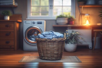 a laundry basket with towels in front of a washing machine