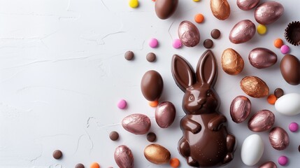 Easter chocolate bunny and colorful bright eggs on stone gray background, top view, copy space