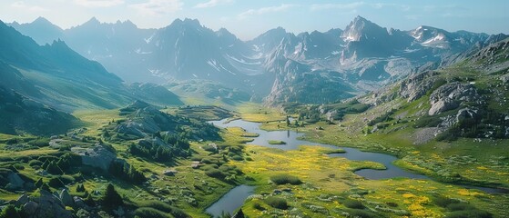 Alpine Meadow Among Mountain Peaks from Above

 - obrazy, fototapety, plakaty