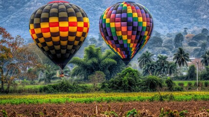 Fototapeta premium A hot air balloon festival with balloons drifting over a patchwork of green farmland.