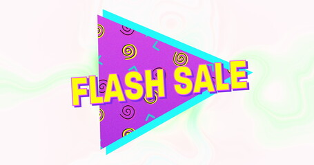 Digital image of flash sale text on purple banner over green digital waves on white background