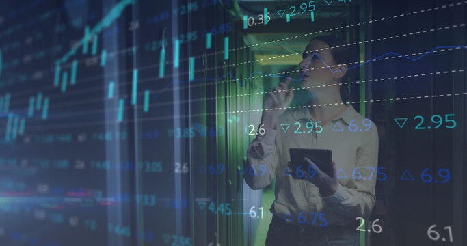 Image of data processing over caucasian female it engineer with tablet checking computer servers