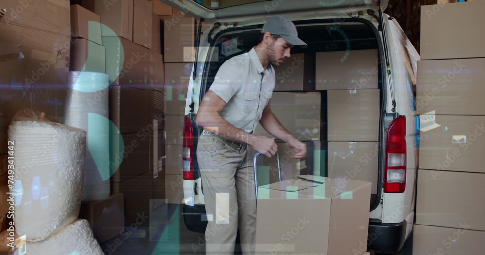 Poster image of data processing over man packing boxes into car