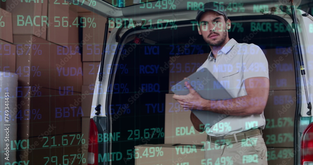 Poster Image of data processing over man packing boxes into car