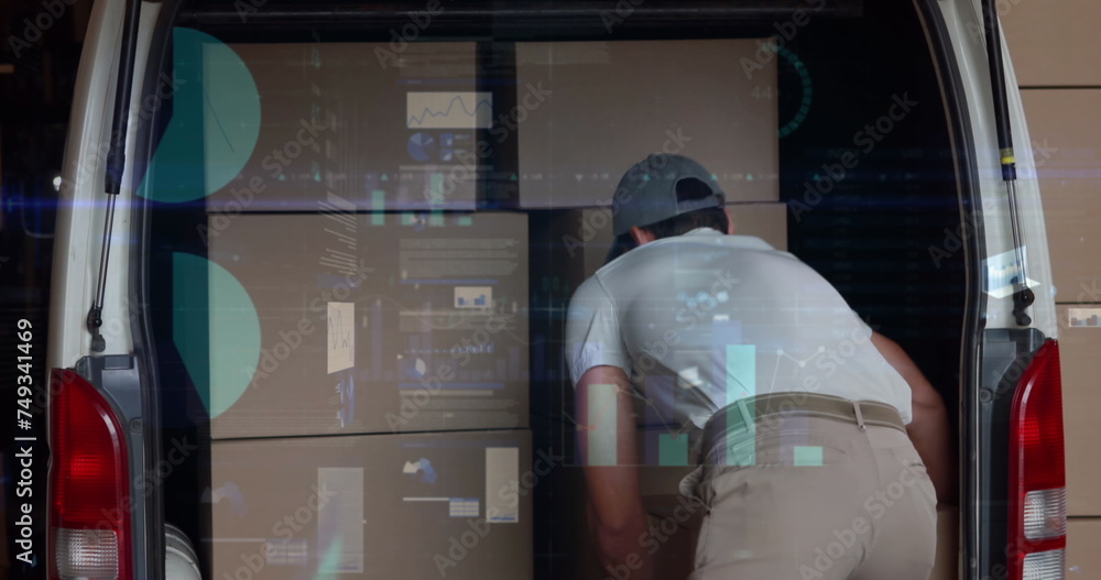 Poster image of data processing over man packing boxes into car