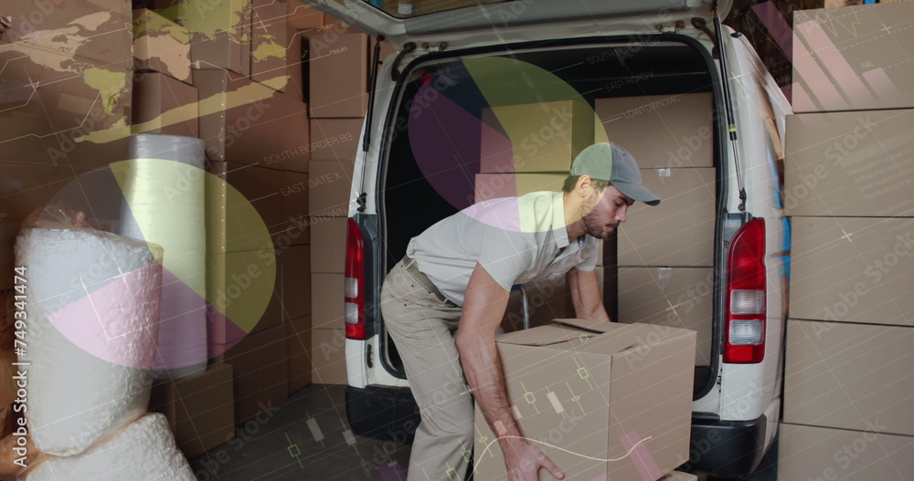 Poster image of data processing over man packing boxes into car
