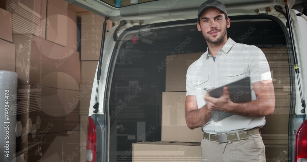 Poster image of data processing over man packing boxes into car