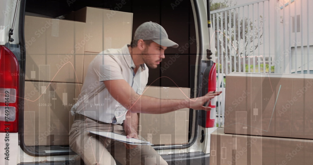 Poster image of data processing over man packing boxes into car