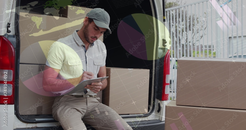 Poster image of data processing over man packing boxes into car
